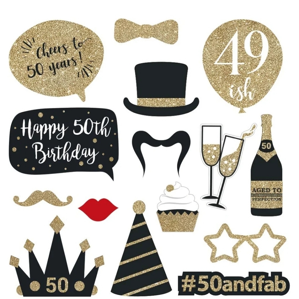 50th Birthday Photo Booth Props Set of 25 Black, Gold, Glitter Selfie Signs